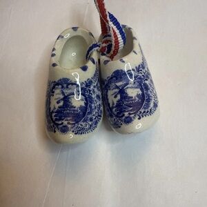 Vintage Pair of M S Handmade Mini Delft Blue Style Ceramic Shoes Holland Clogs